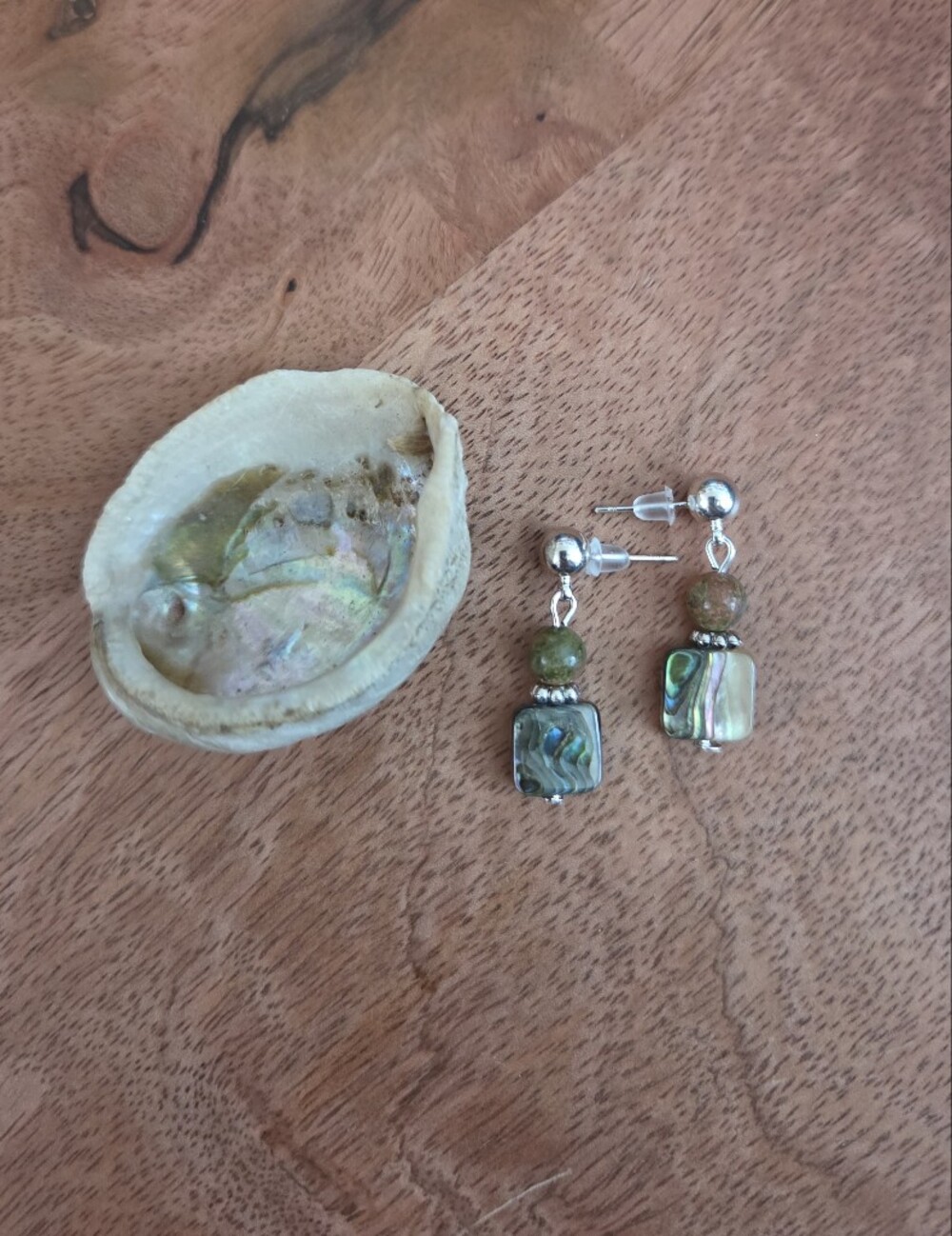 Bohemian Abalone Shell & Green Stone Drop Earrings Fairy Festival Whimsical